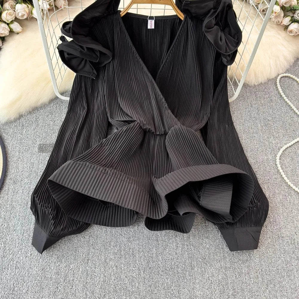 Long Sleeve Pleated V-Neck Flower Ruffles Blouse