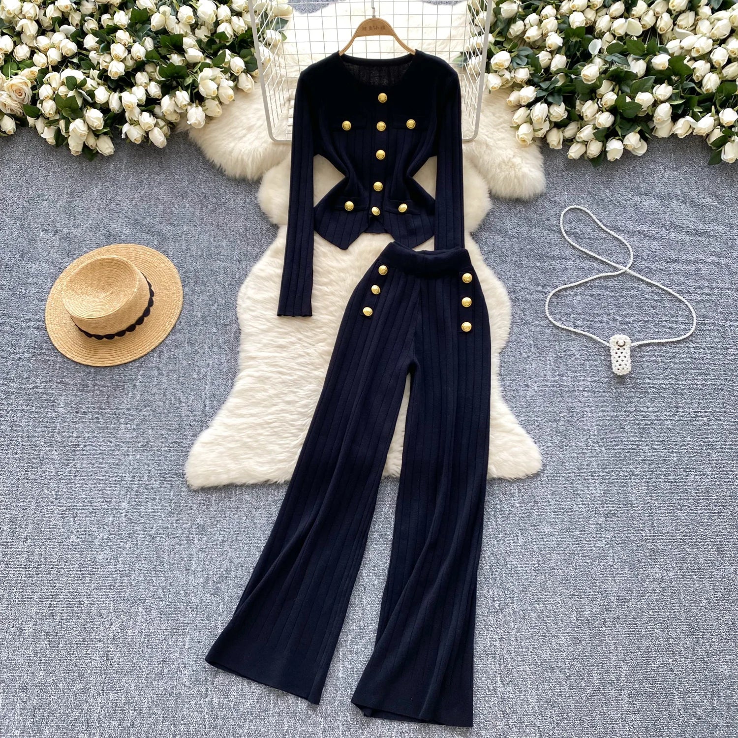 Long Sleeves Chic Buttons Pullovers+Elastic Long Pants Vintage Two Pieces Sets