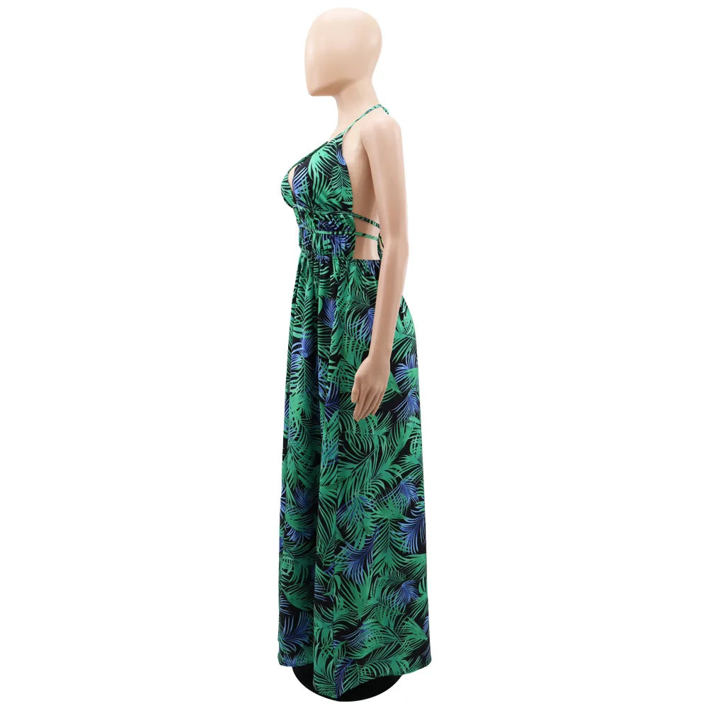 Leaf Printed Spaghetti Strap Backless Deep V-neck Straight Maxi Long Dress