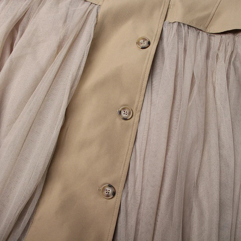 Loose Mesh Stitching Casual High Waist Long Trench Coat