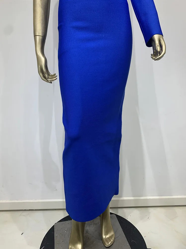 One Shoulder Single Sleeve Blue Diamonds Mid-Calf Bandage Dress