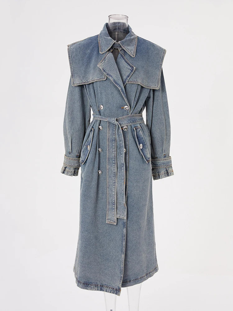 Blue Denim Big Size Long Trench Lapel Long Sleeve Loose Fit Windbreaker