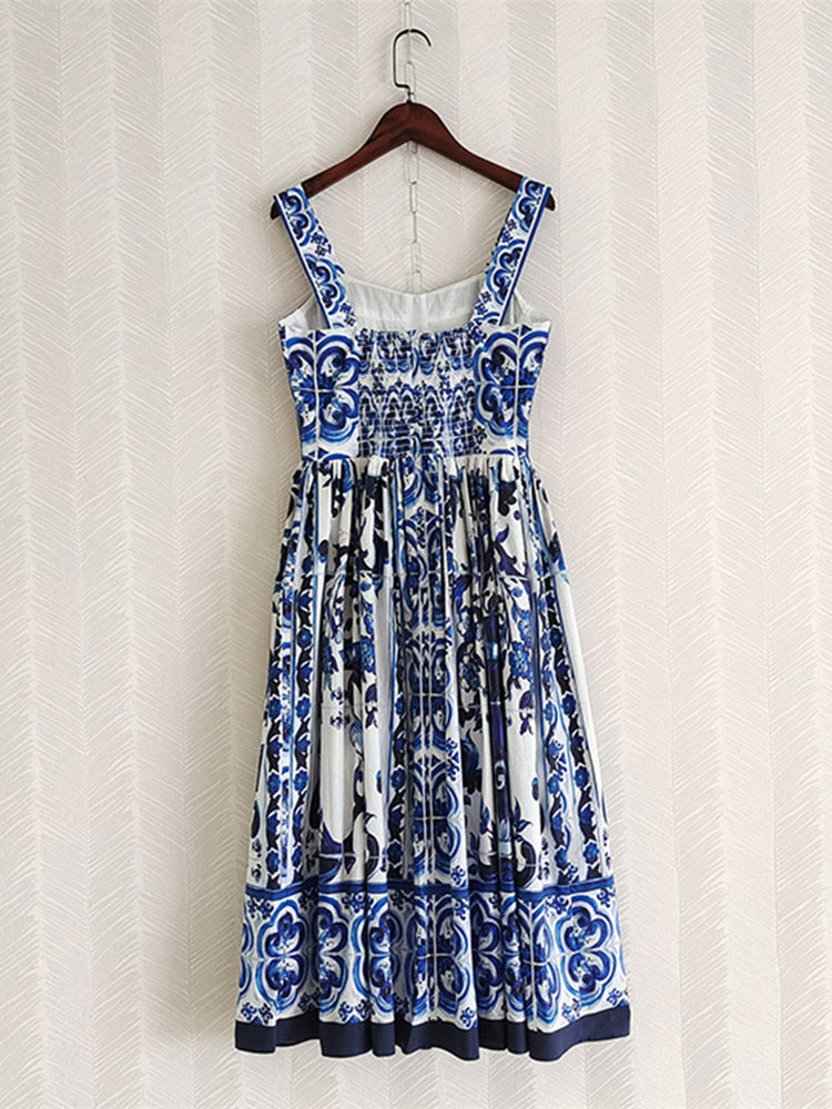 Blue And White Porcelain Flower Print Spaghetti Strap Dress