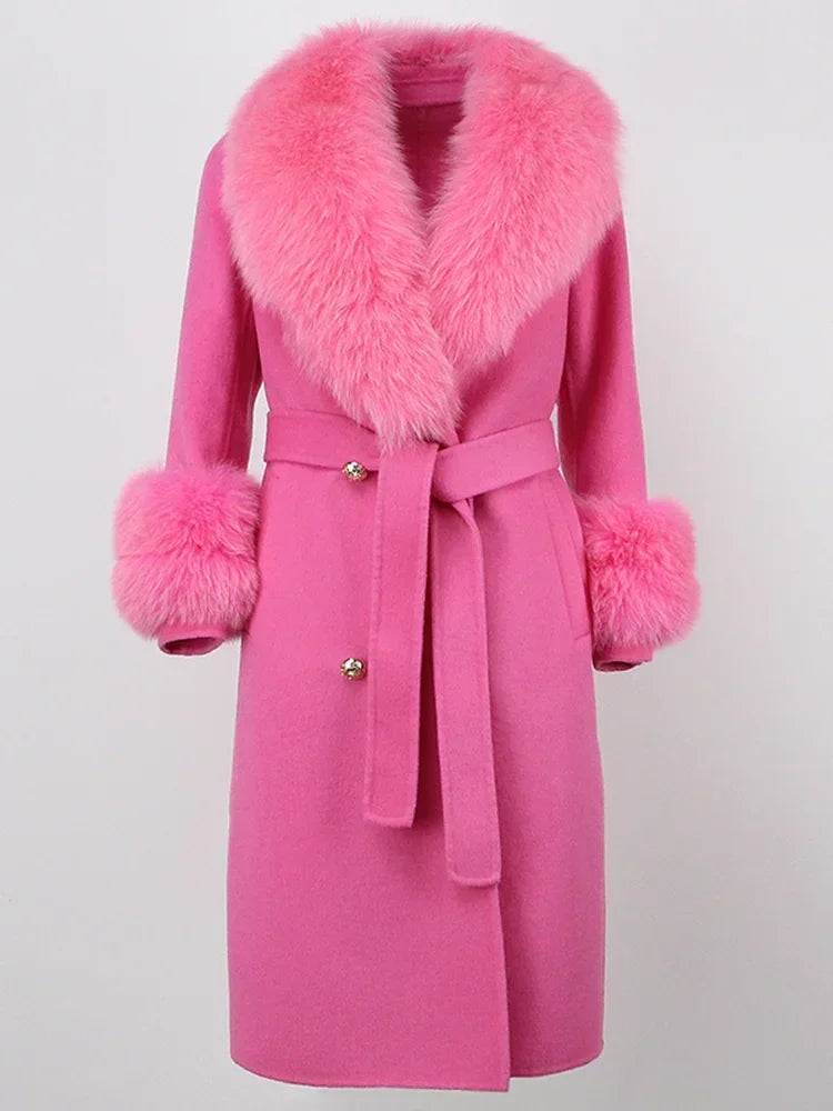 Real Fur Natural Wool Blends Cashmere Double Breasted Belt Warm Coat