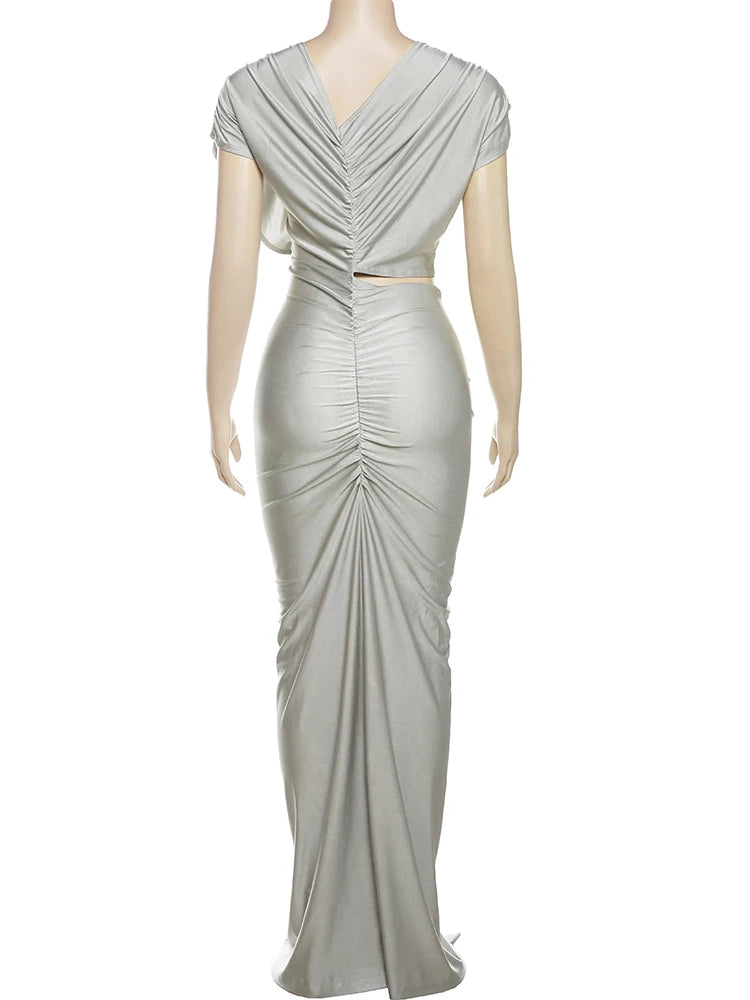 Irregular Hollow Ruched Diagonal Collar Shorts Sleeve Waistless Slits Bodycon Dress