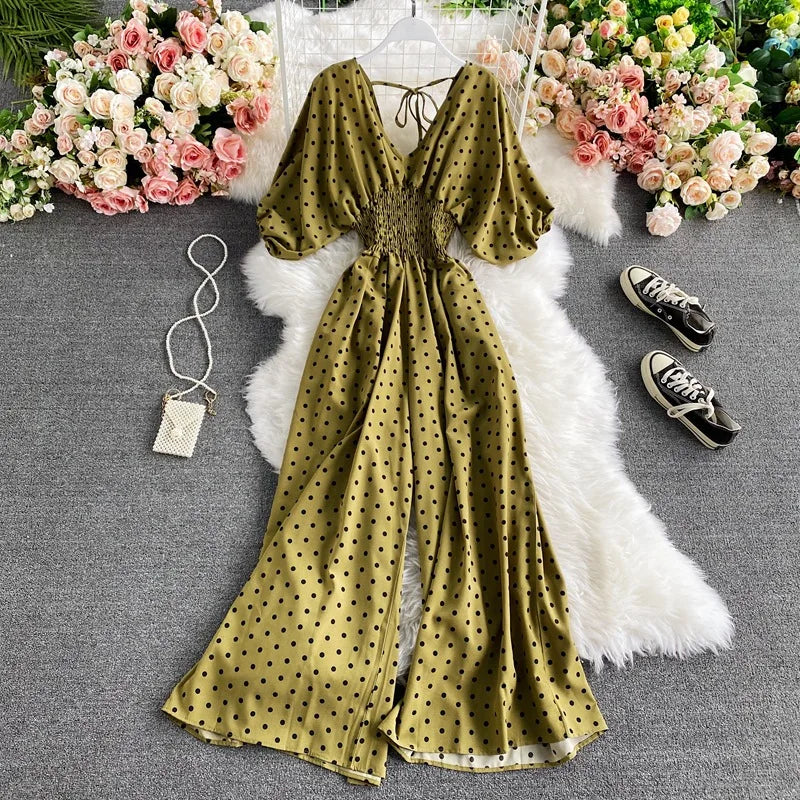 V Neck Dolman Sleeves Floral Print Wide Leg Jumpsuit
