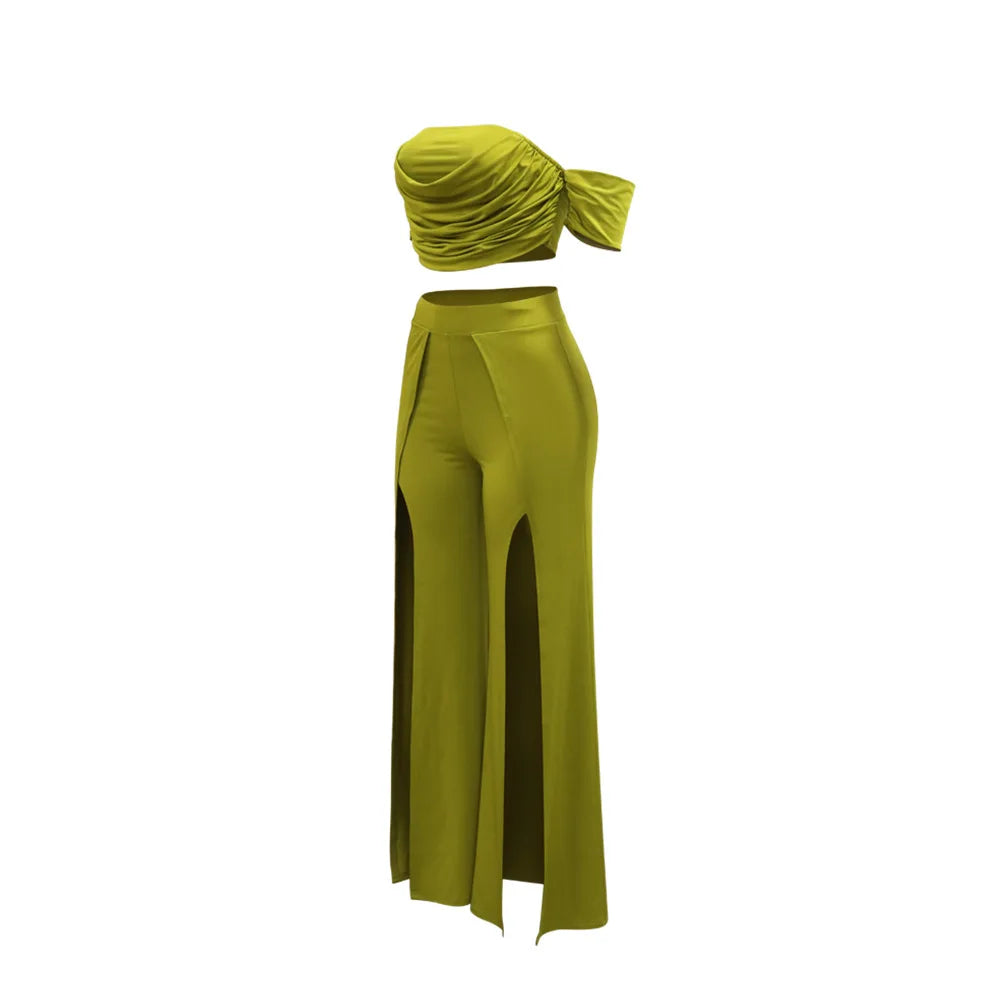 Short Sleeve Slash Neck Ruched Tops and Wide Leg split Pants Two 2 Piece Sets Outfit