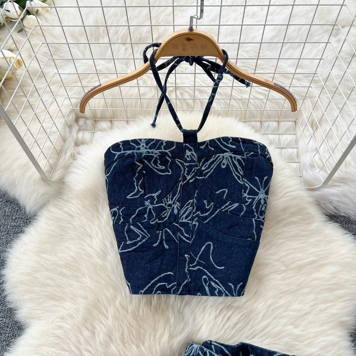 Butterfly Print Denim Two Pieces Sets Halter Strapless Slim Camis+Wide Legs Long Pant Suits