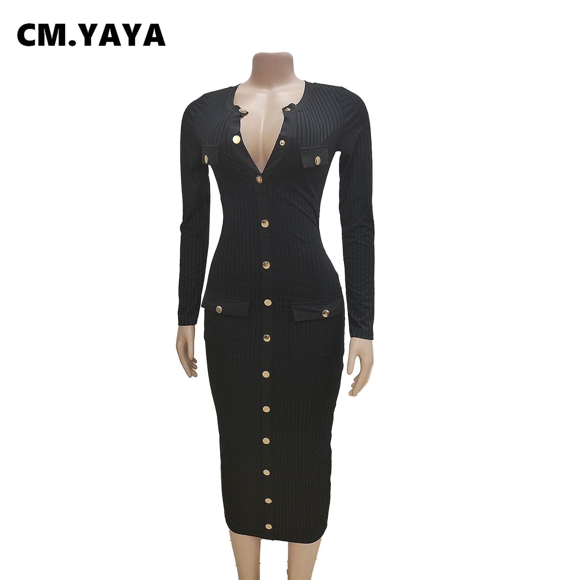 Vintage Knit Ribbed Long Sleeve Bodycon Midi Dress