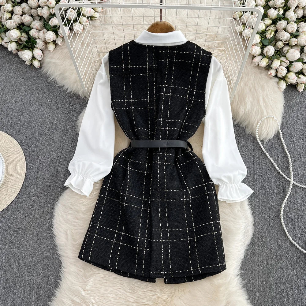 Temperament Lapel White Shirt+V-neck Single Breasted Tweed Vest  Two-piece Set Dress