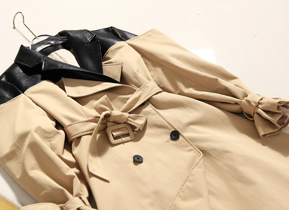 Autumn And Winter Temperament Leather Contrast Color Windbreaker Coat