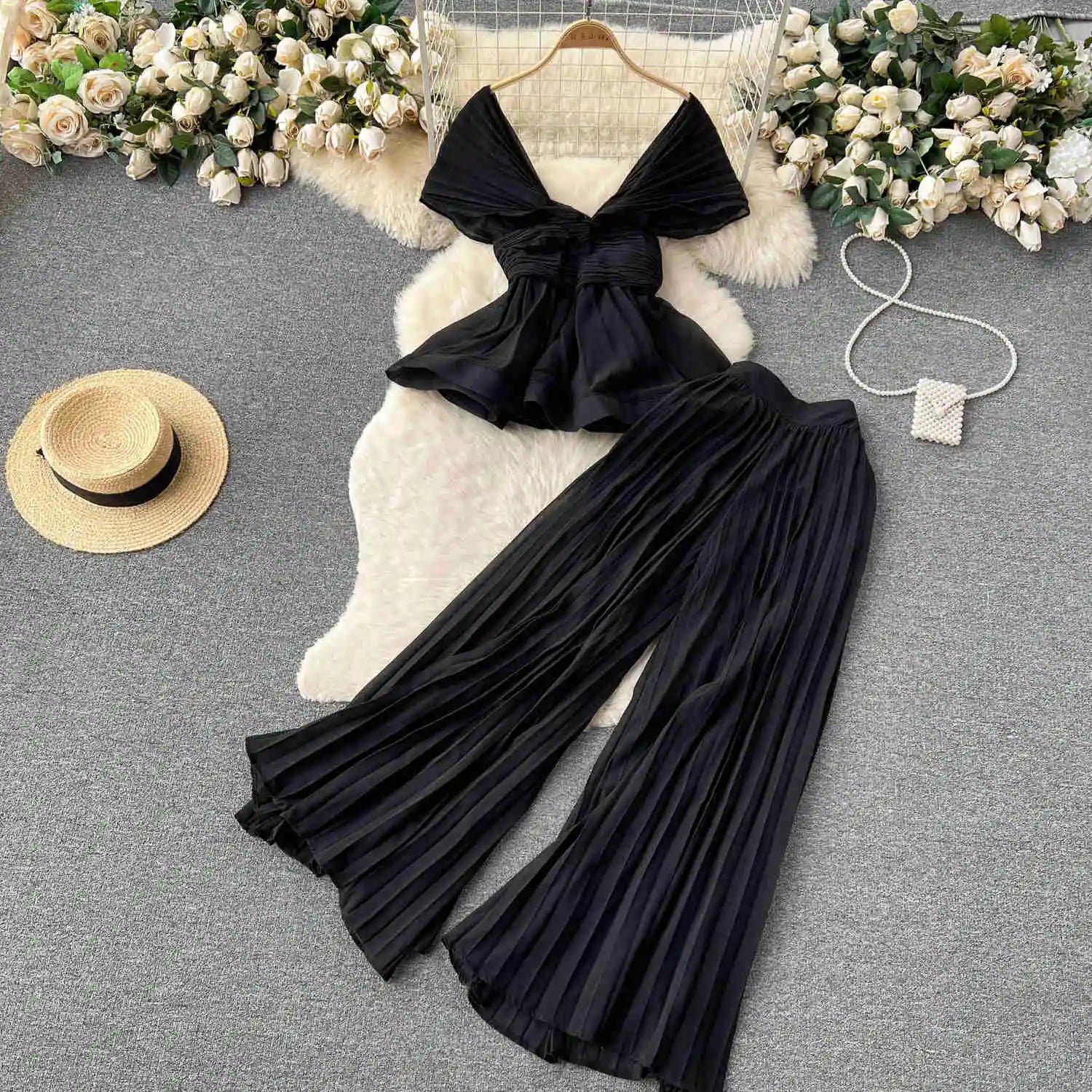 High End Elegant Pleated Sleeveless Chiffon Top+High Waist Wide Leg Pants Two Piece Set