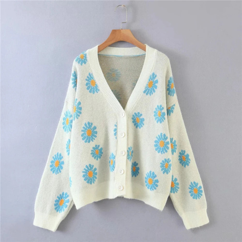 Fashion Print Soft Full Sleeve Floral Single Little Daisy V-Neck Pull Oversize Cardigan