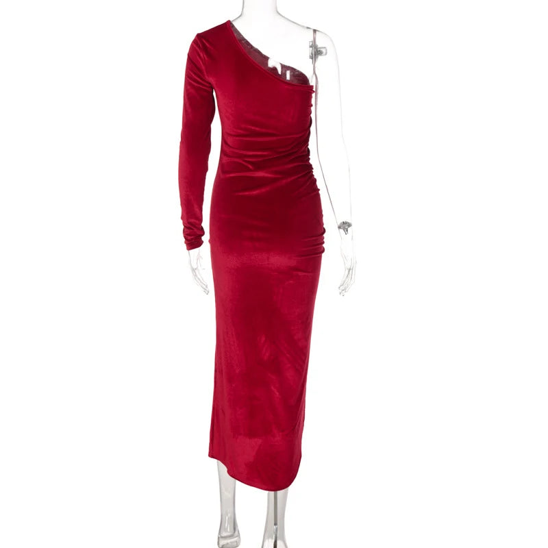 Elegant Long Sleeve Party Evening Velvet Bodycon Split Pencil Midi Dress