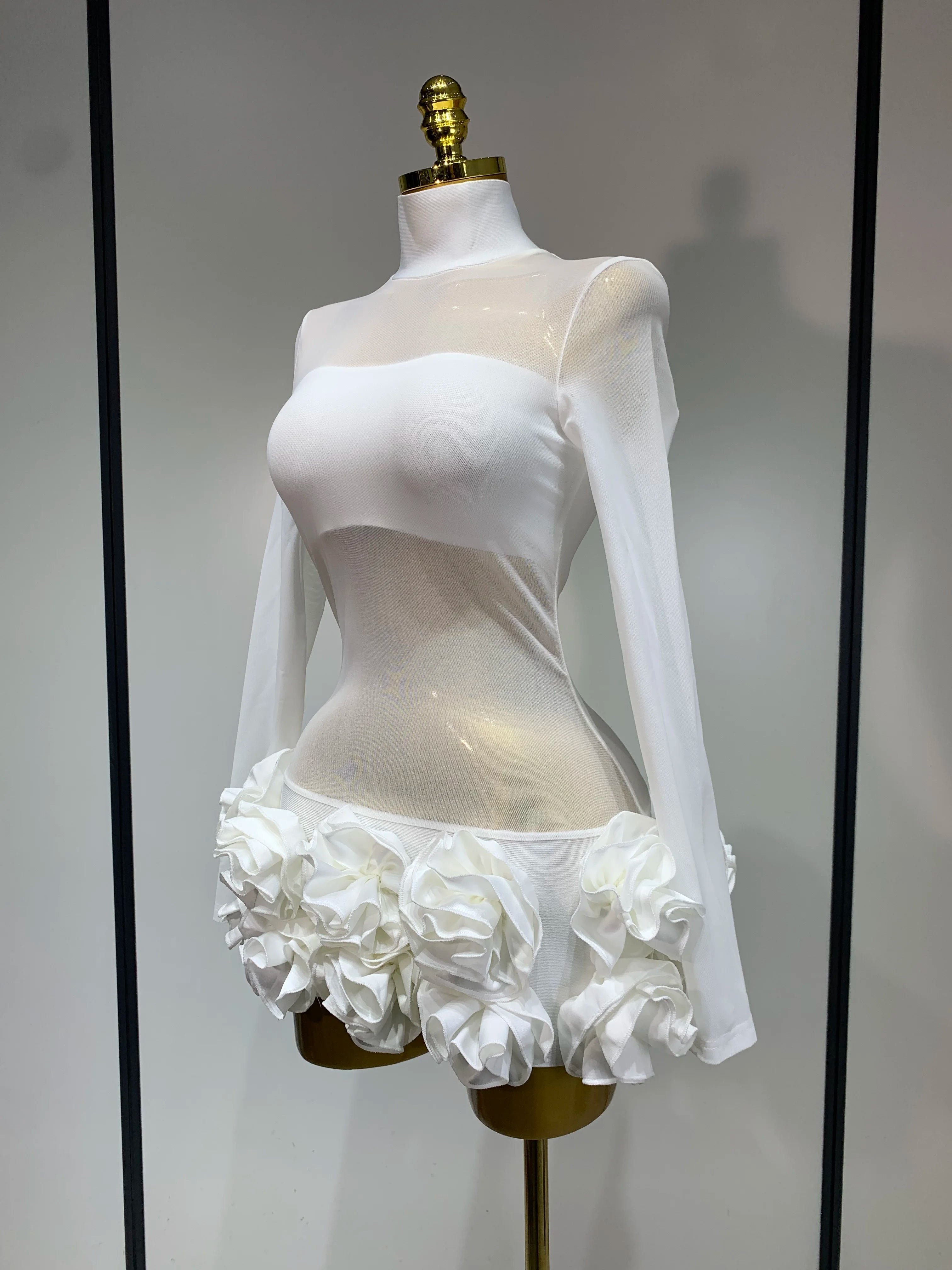 See through Mesh Stereoscopic Flowers Mini Bandage Dress