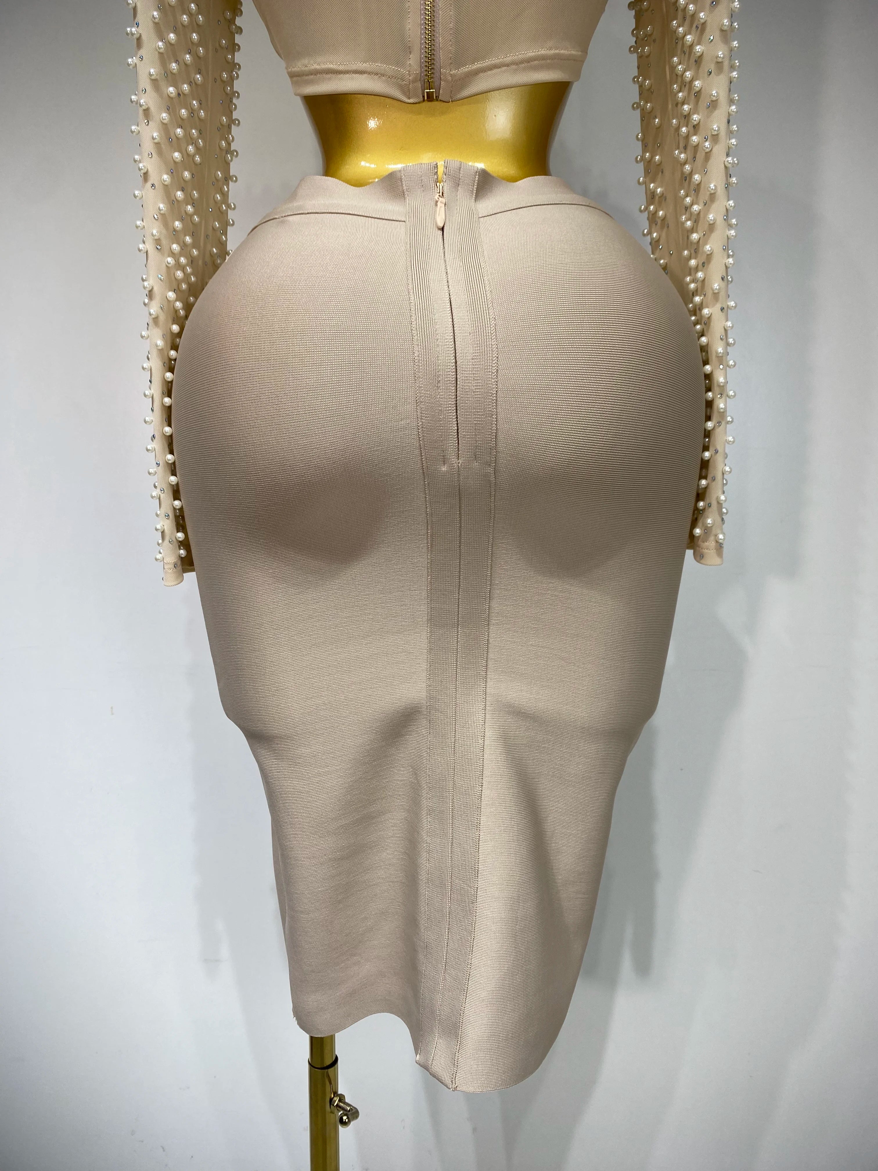 Long Sleeve Mesh Pearl Top  Midi Skirt Bandage Two Set