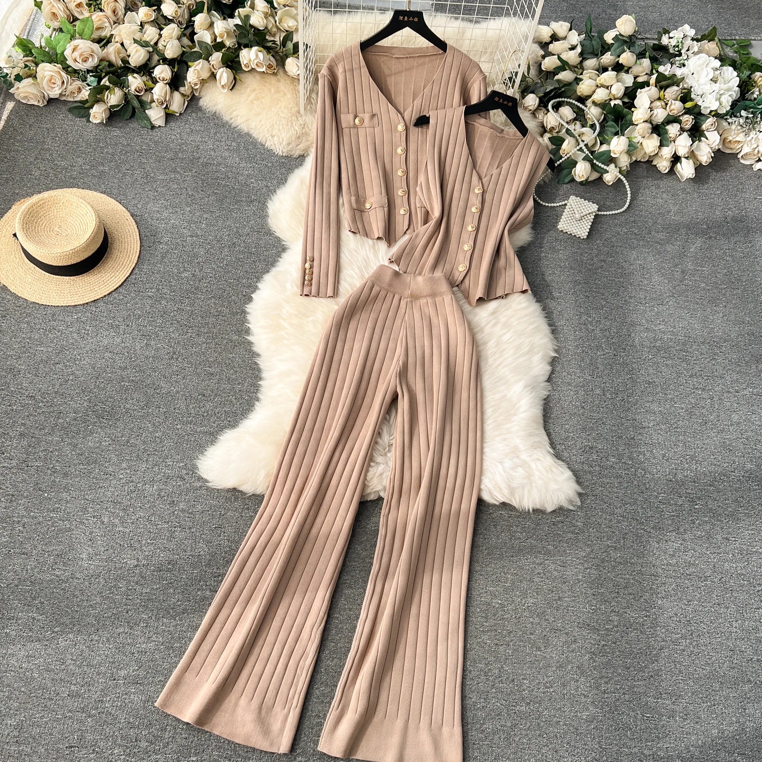 Knitted Metal Button Vest+V Neck Long Sleeves Cardigans+Wide Legs Pants Stripe Three Pieces Sets