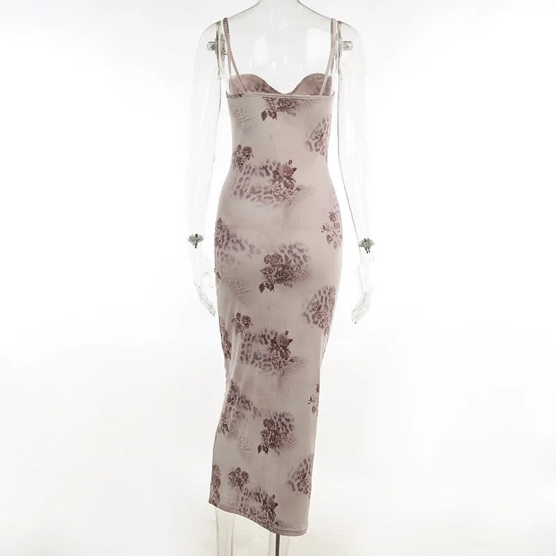 Floral Print Spaghetti Strap Bodycon Long Dresses