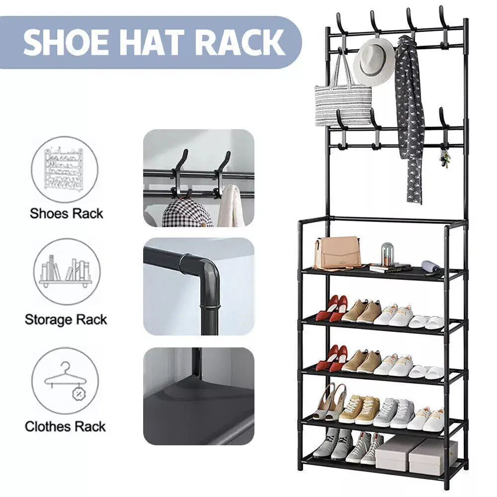1pcs 5-Tier Shoe Storage Clothes Rack, 8 Hooks & Easy Assembly - Space-Saving Organizer for Hallway, Bedroom, Office