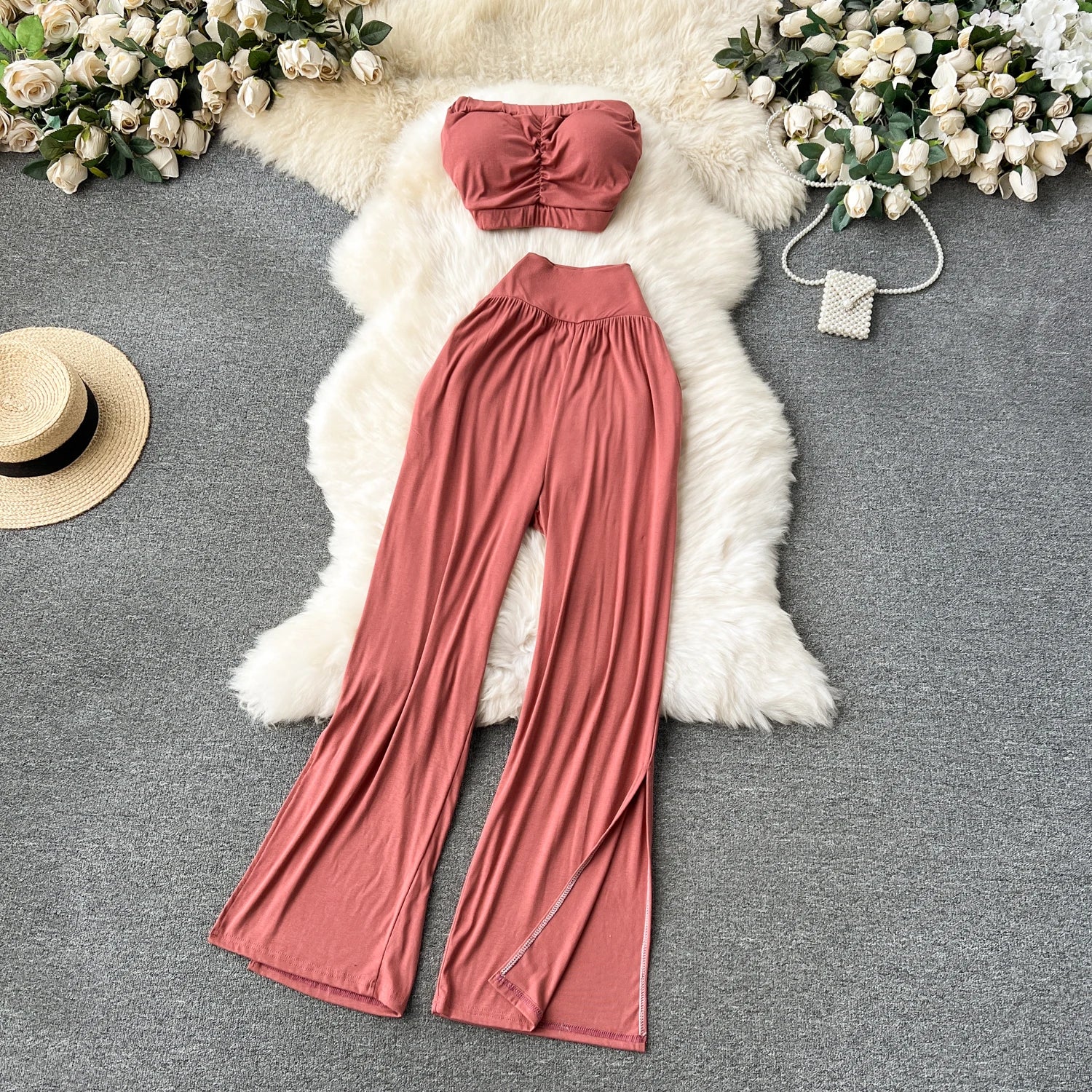 Strapless Short Tops+Basics High Waist Split Wide Leg Pants Casual Suits