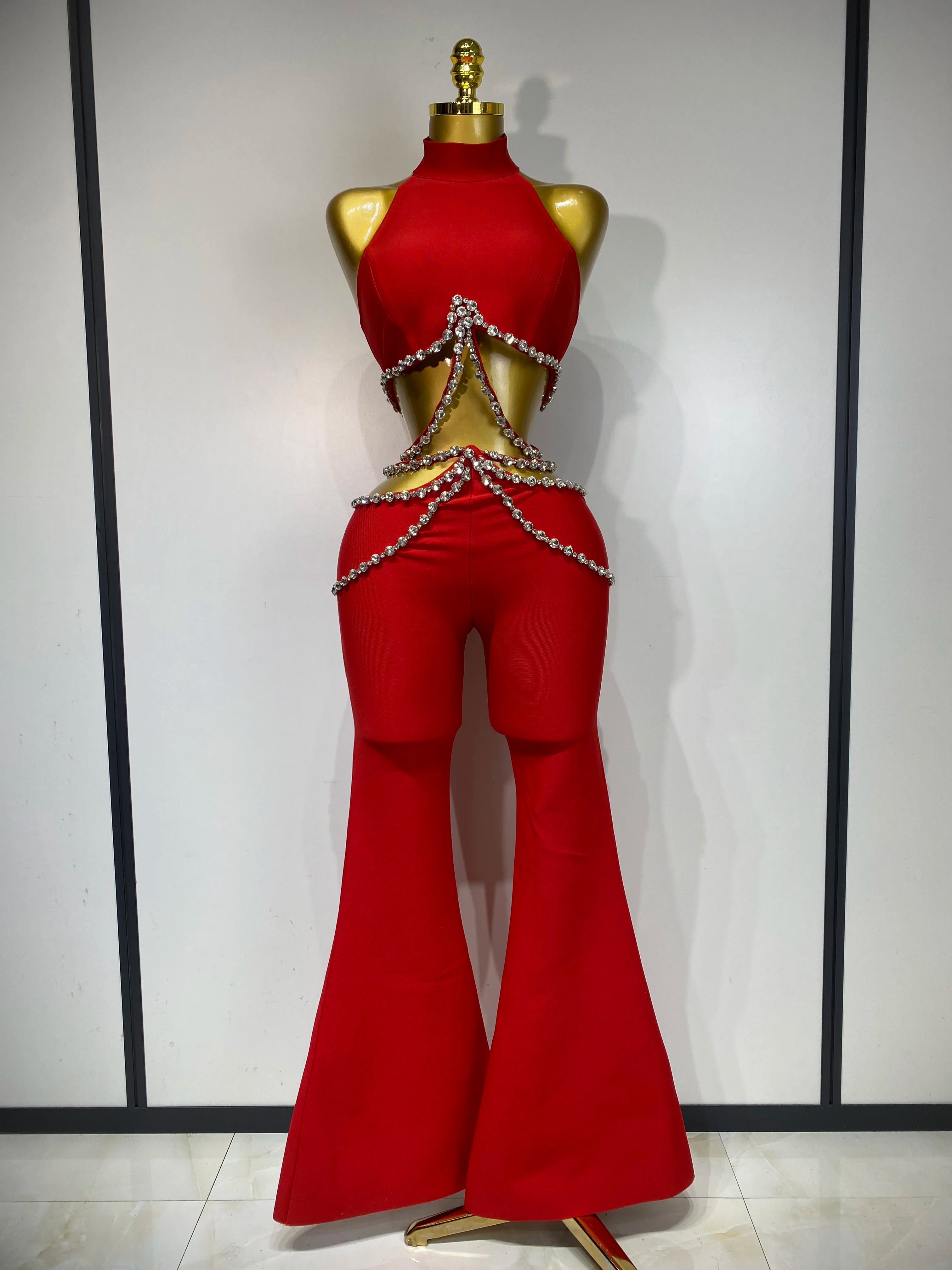 Luxury Rhinestone Cut Out Two Piece Pants And Top Bandage Set