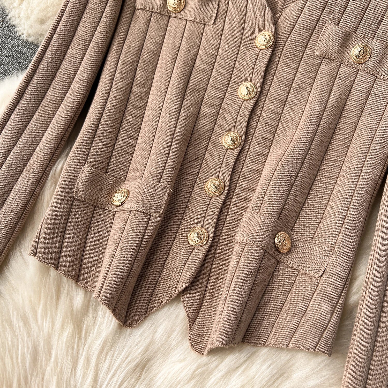 Knitted Metal Button Vest+V Neck Long Sleeves Cardigans+Wide Legs Pants Stripe Three Pieces Sets