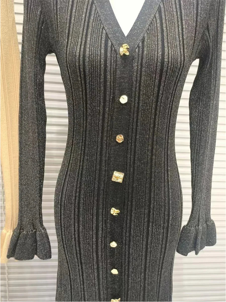 Autumn Winter Knitted V-Neck Long Sleeve Single Breasted Long Knitted Dress