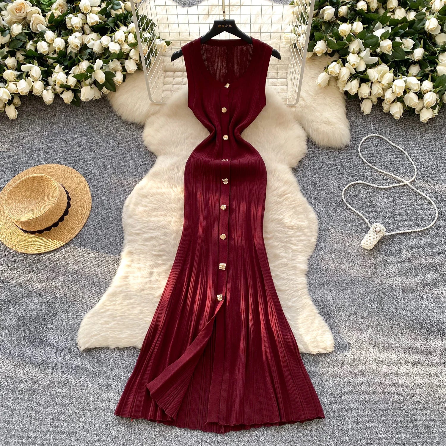 Elegant Office Lady Dress O Neck Sleeveless Knitted Bodycon Dress Sundress