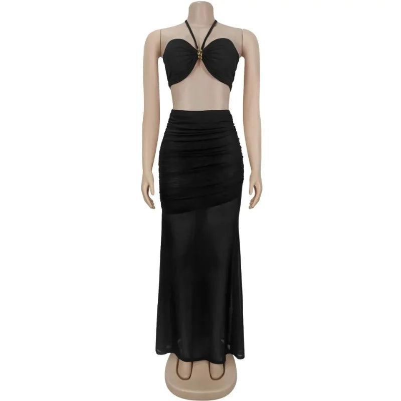 Crop Tops and Stacked Ruched Midi Maxi Skirts Two Piece Set
