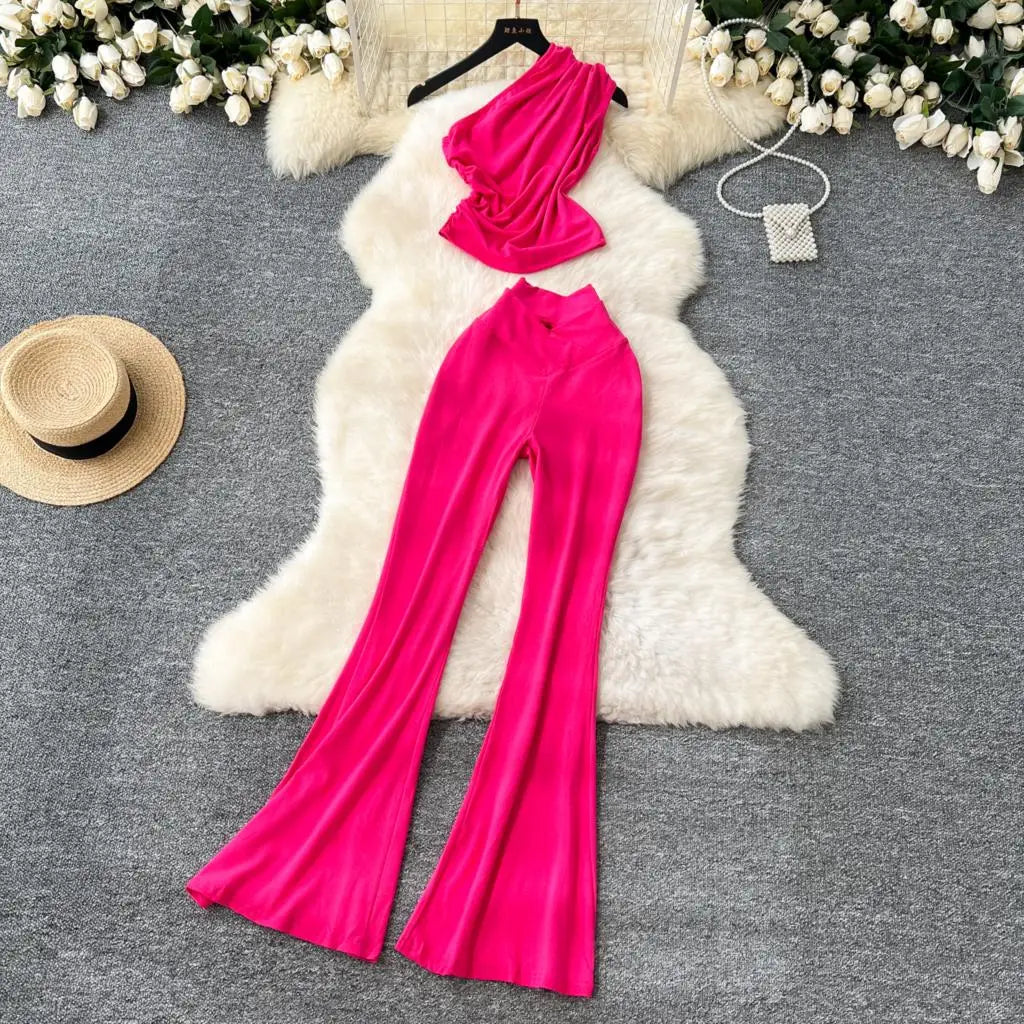 Two Pieces Sets Elegant Chic Skew Collar Pleated Tops + High Waist Flare Casual Pants  Outfits