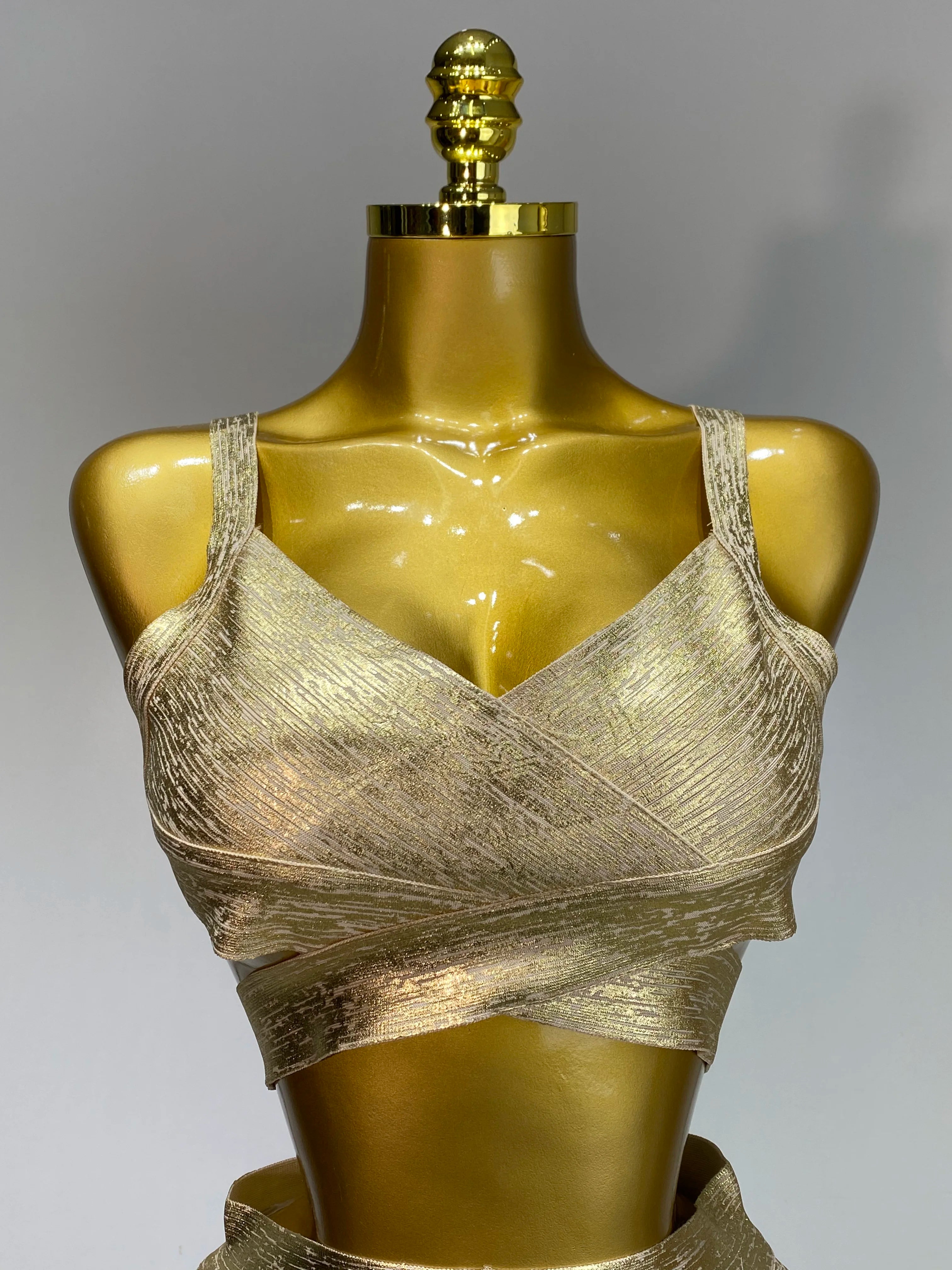V Neck Gold Bandage Top Bodycon Skirt Two Piece Set