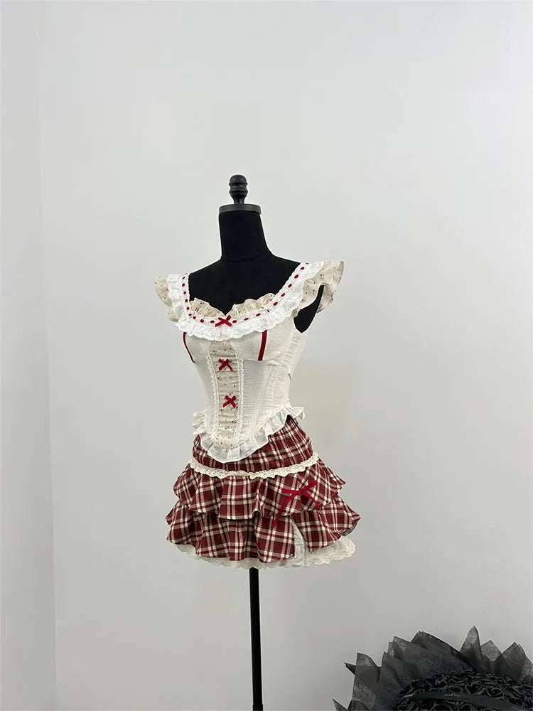 2000s Ballet 2 Piece Set Cute Lace Tank Top + Mini Plaid Skirt