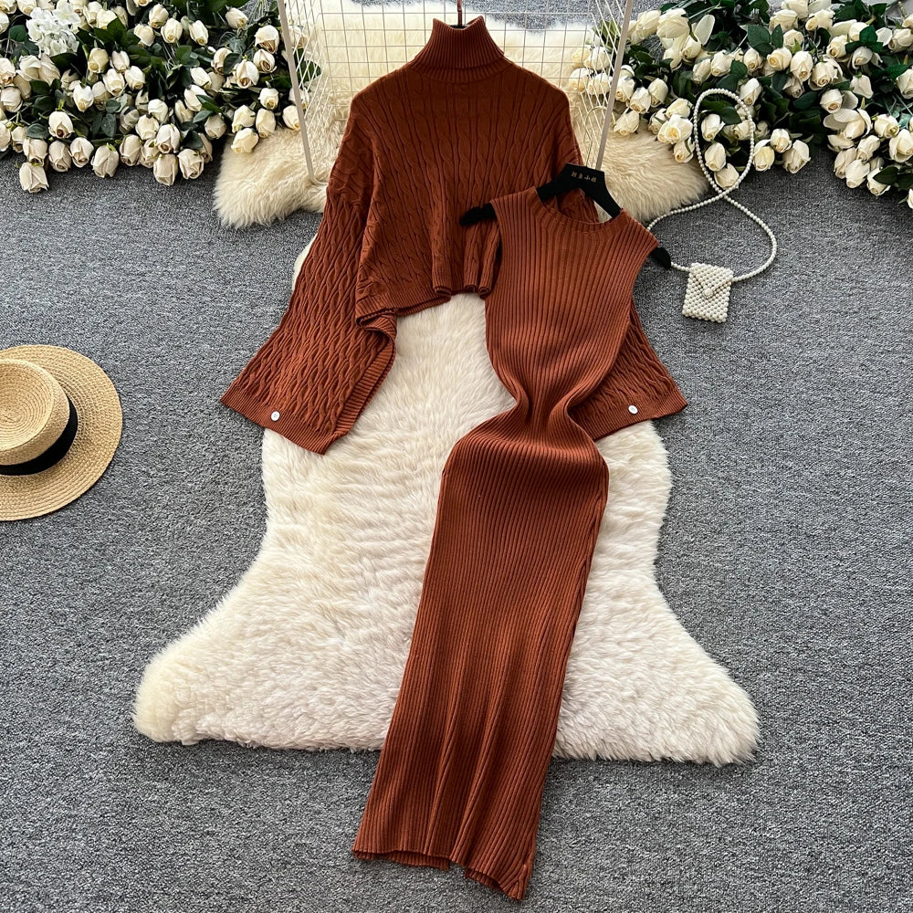 Turtleneck Sweater Suits Batwing Sleeves Short Pullovers+Bodycon Tank Dress Knitted 2Pcs Sets
