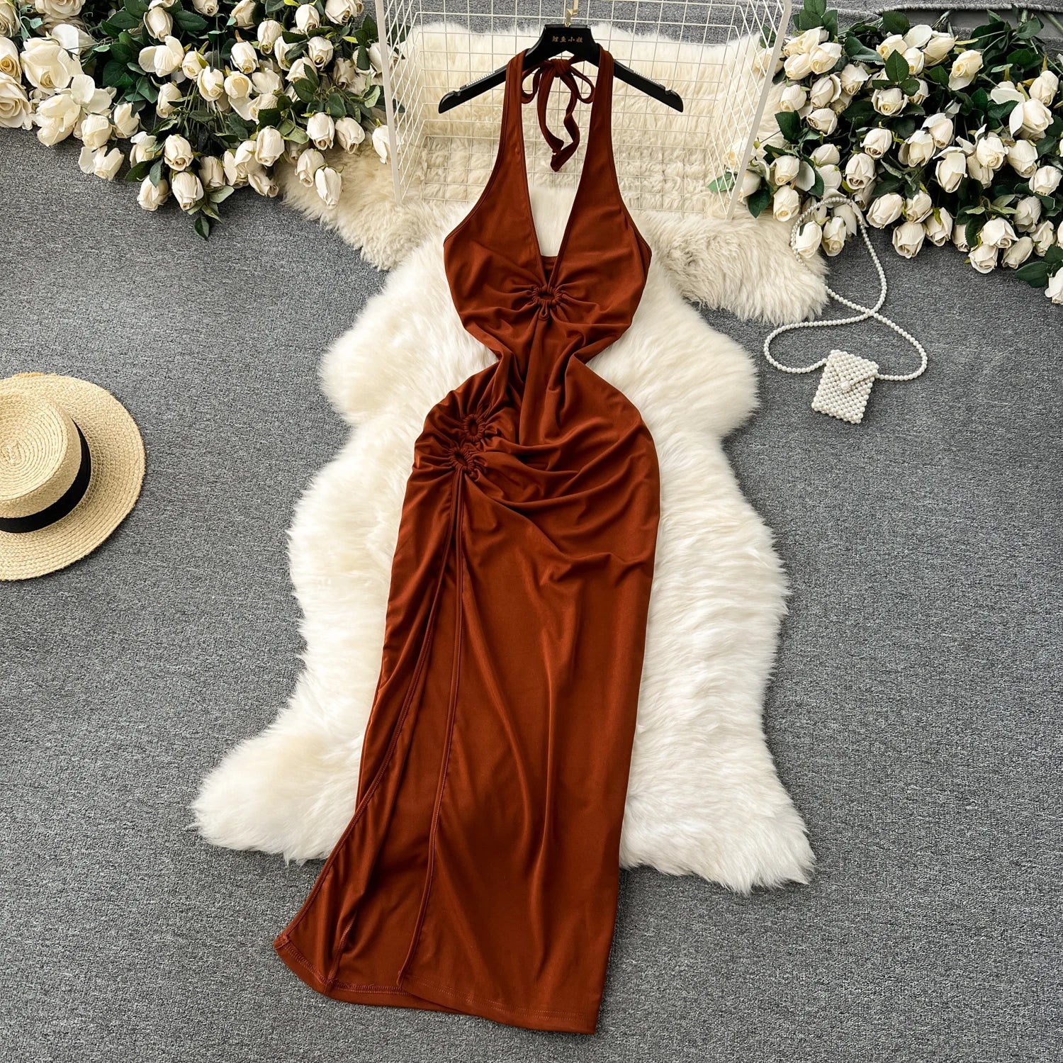 Halter Sundress Deep V Neck Hollow Out Backless Fold Solid Split Slim Chic Dress