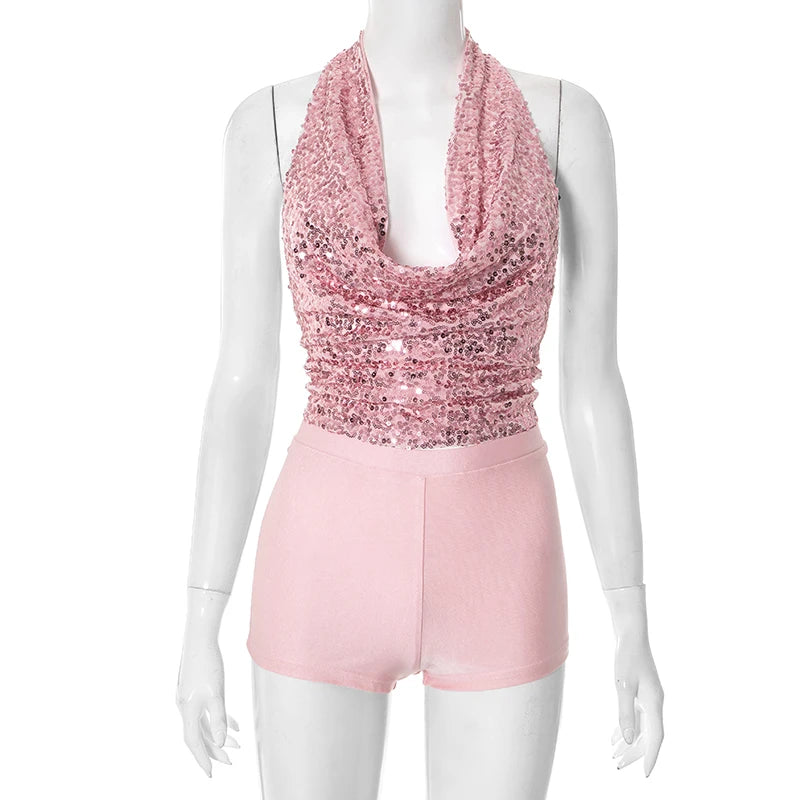 2 Piece Set Women Y2K Hipster Halter Bandage Swing Collar Tank Tops+Shorts Matching Set
