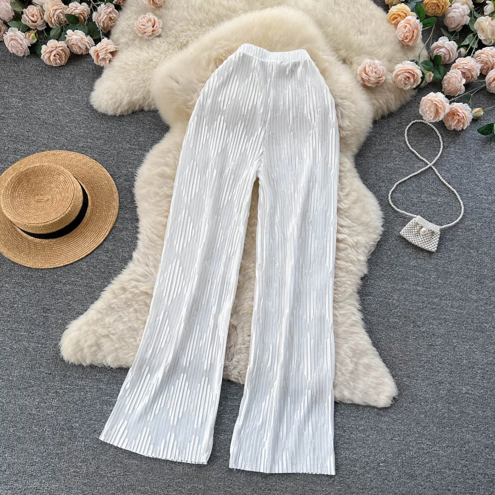 Pleated Vintage Striped Long High Waist Wide Leg Trousers