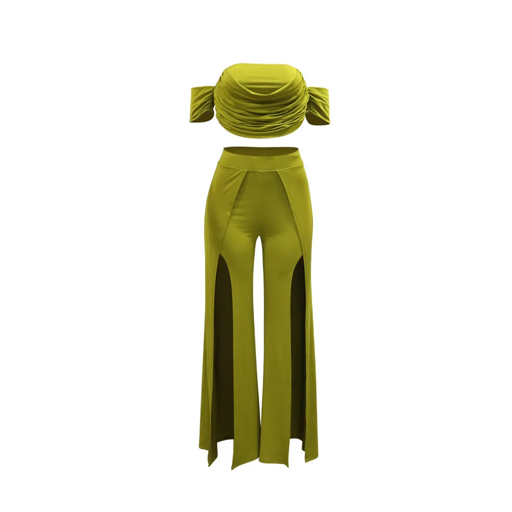 Short Sleeve Slash Neck Ruched Tops and Wide Leg split Pants Two 2 Piece Sets Outfit