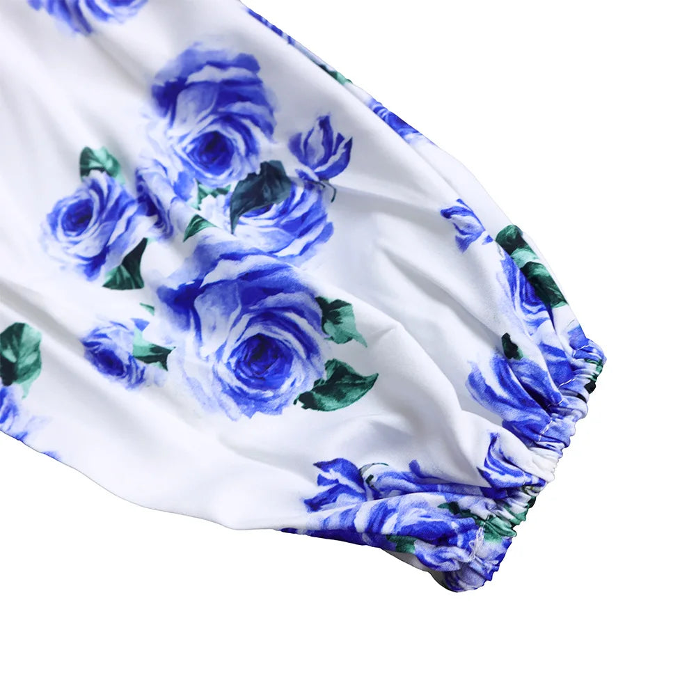 Two Piece Sets Slim Fit Print Floral Round Neck Lantern Sleeve Elegant Splice Wide Leg Long Pants