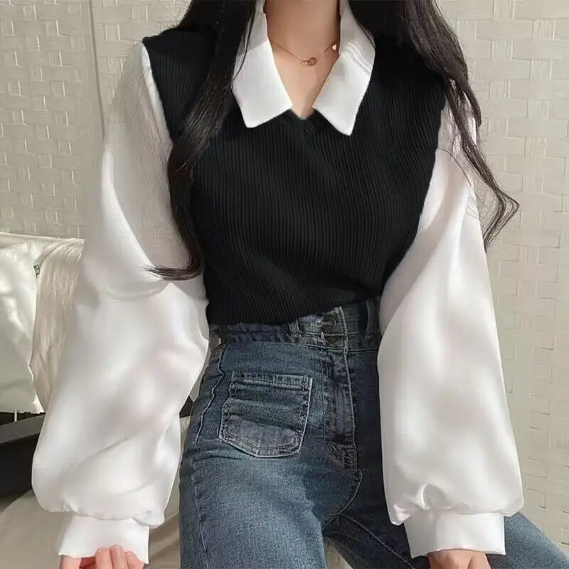 Two-piece Polo Collar Blouse Casual Korean Shirt Y2k Streetwear