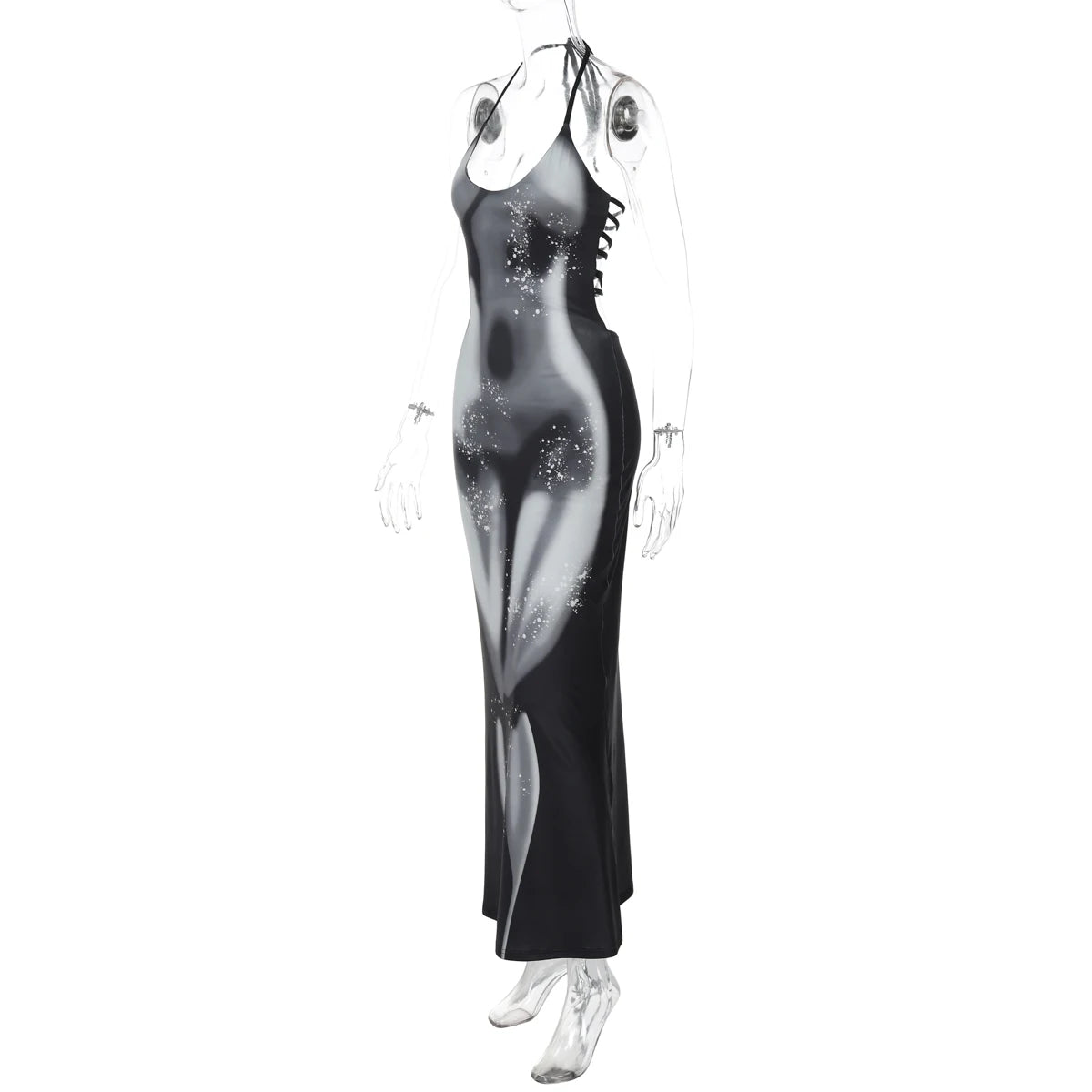 Halter print Backless Bandage Bodycon Maxi Dress