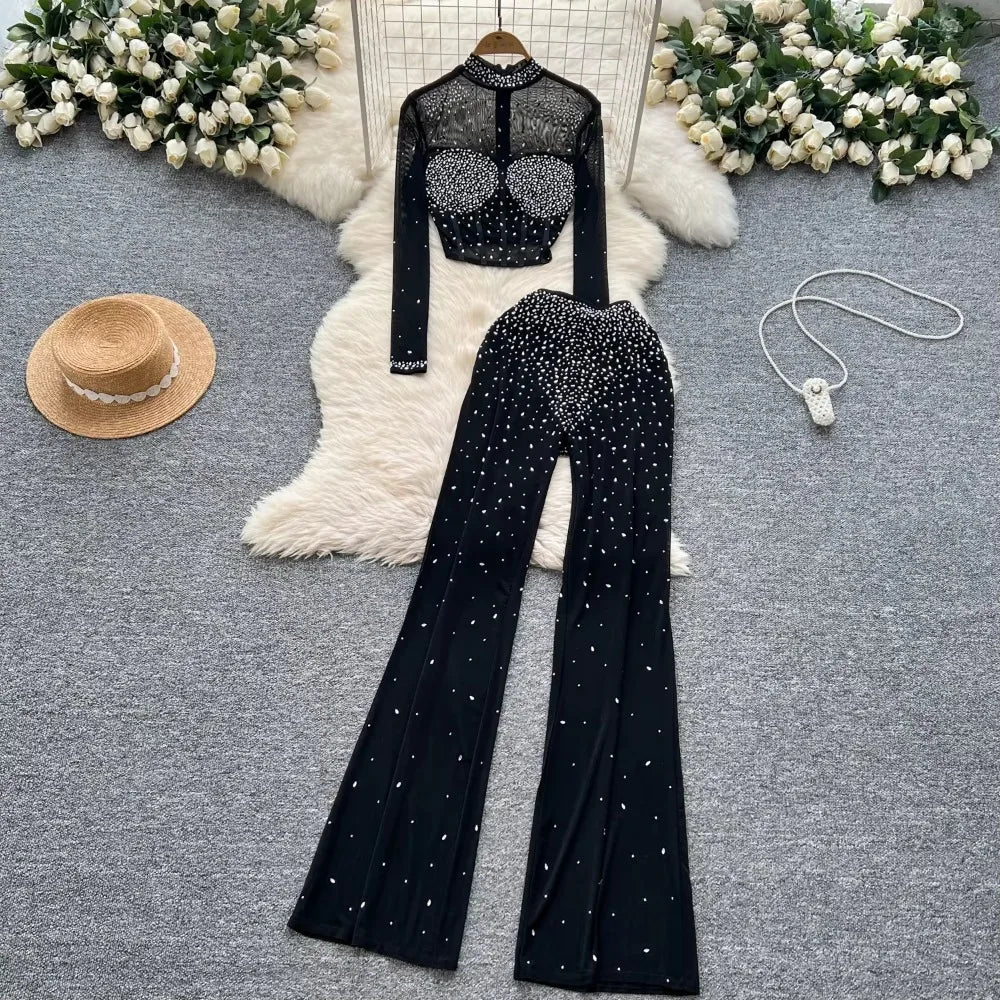 See Through Mesh Rhinestone Chic Two-piece Sets