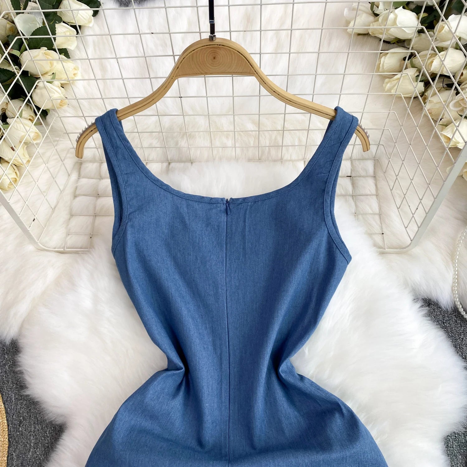 Denim Dress 3D Flower Sleeveless Skinny Zipper Split Fold Y2k Vintage Dress