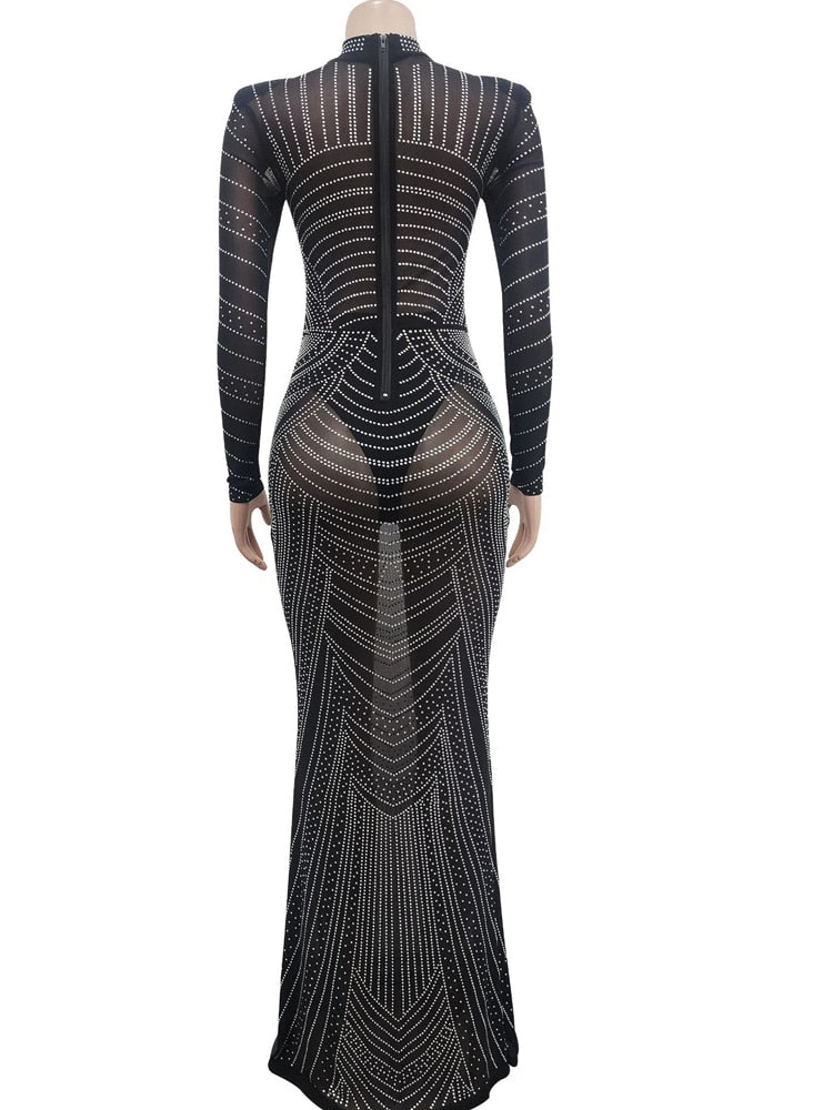 Rhinestone Crystal Mesh Sheer Maxi Dress