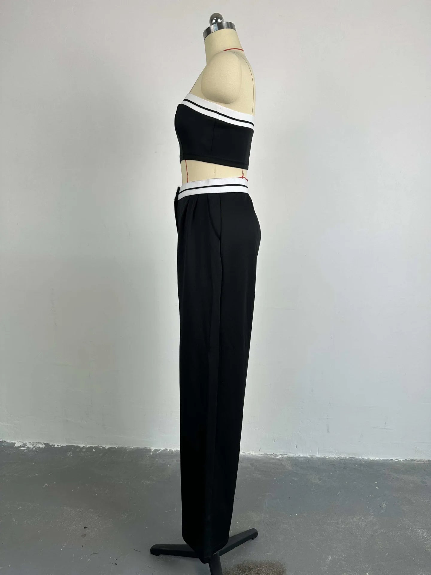 Sports Tube Top+High Waist Wide Leg 2 Piece Pant Suit