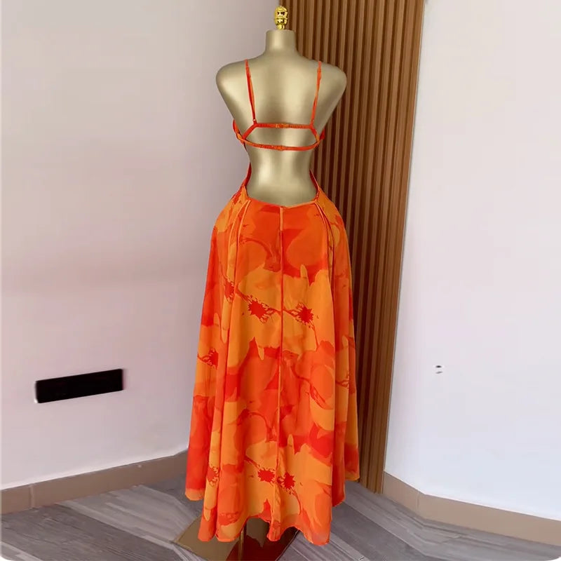 Floral Printed Strap Backless Swing Maxi Long Dress