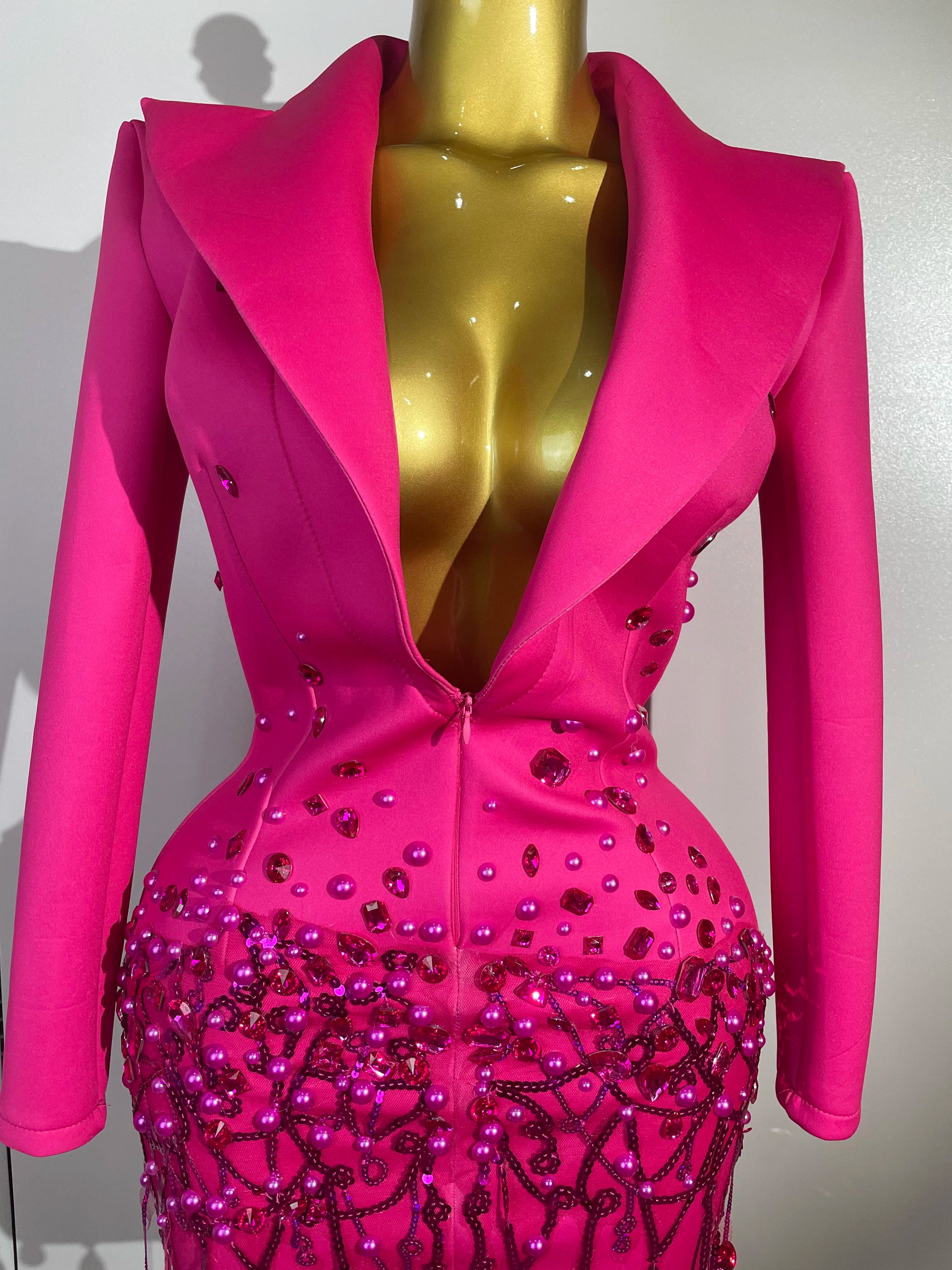 Sparkly Crystal Chains Pearls Long Sleeve Mini Dress