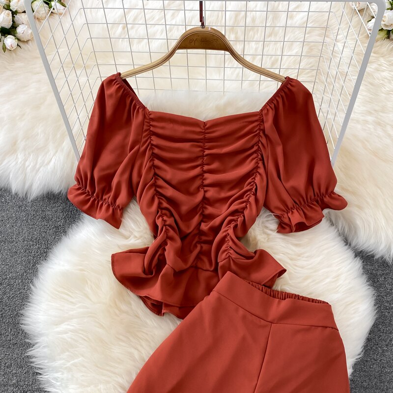 High Waist Drape Pants, Square Collar  Blouse Two-piece Suit