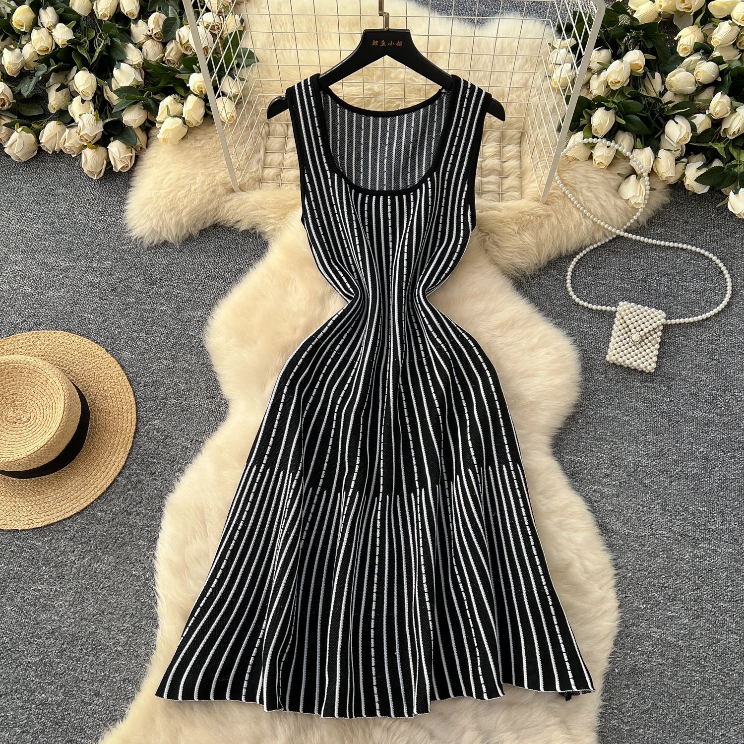 Knitting Stripe Sleeveless Slim Fit A Line Tank Dress