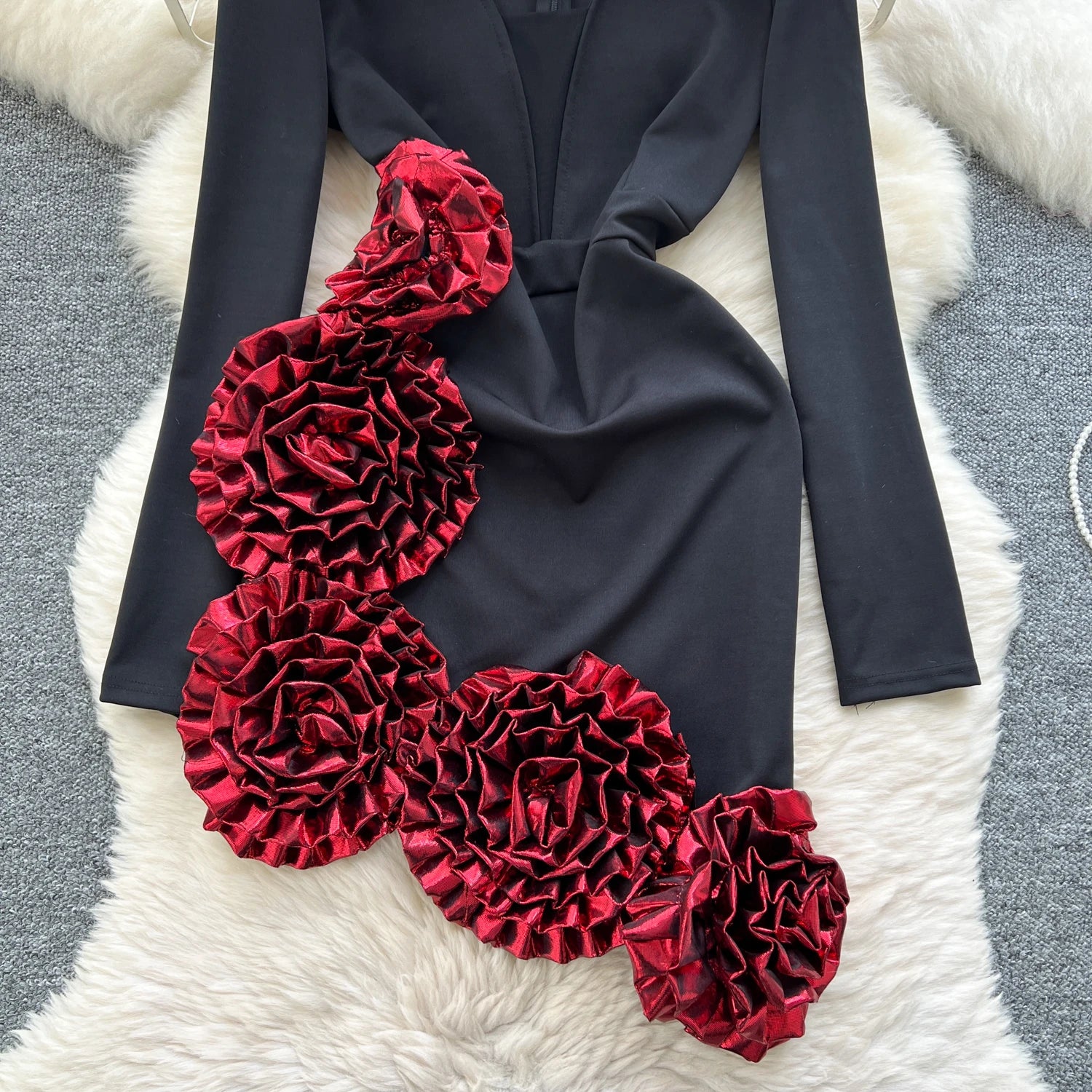 Elegant Three-dimensional floral asymmetrical long sleeve Dress