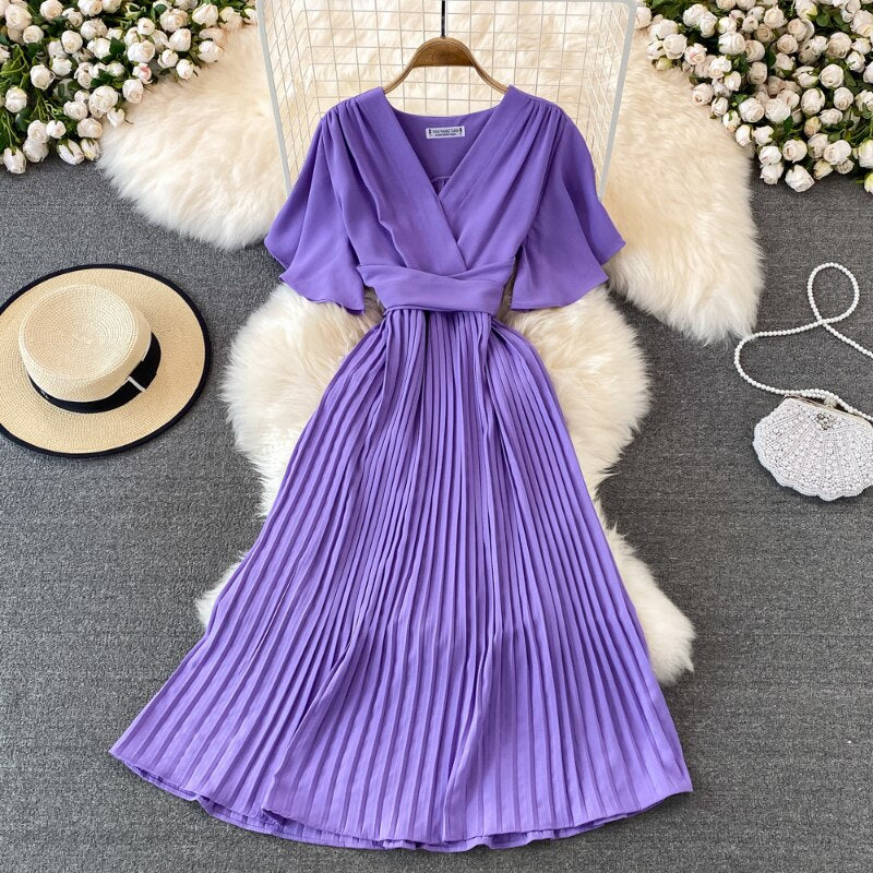 V-neck Pleated Dress